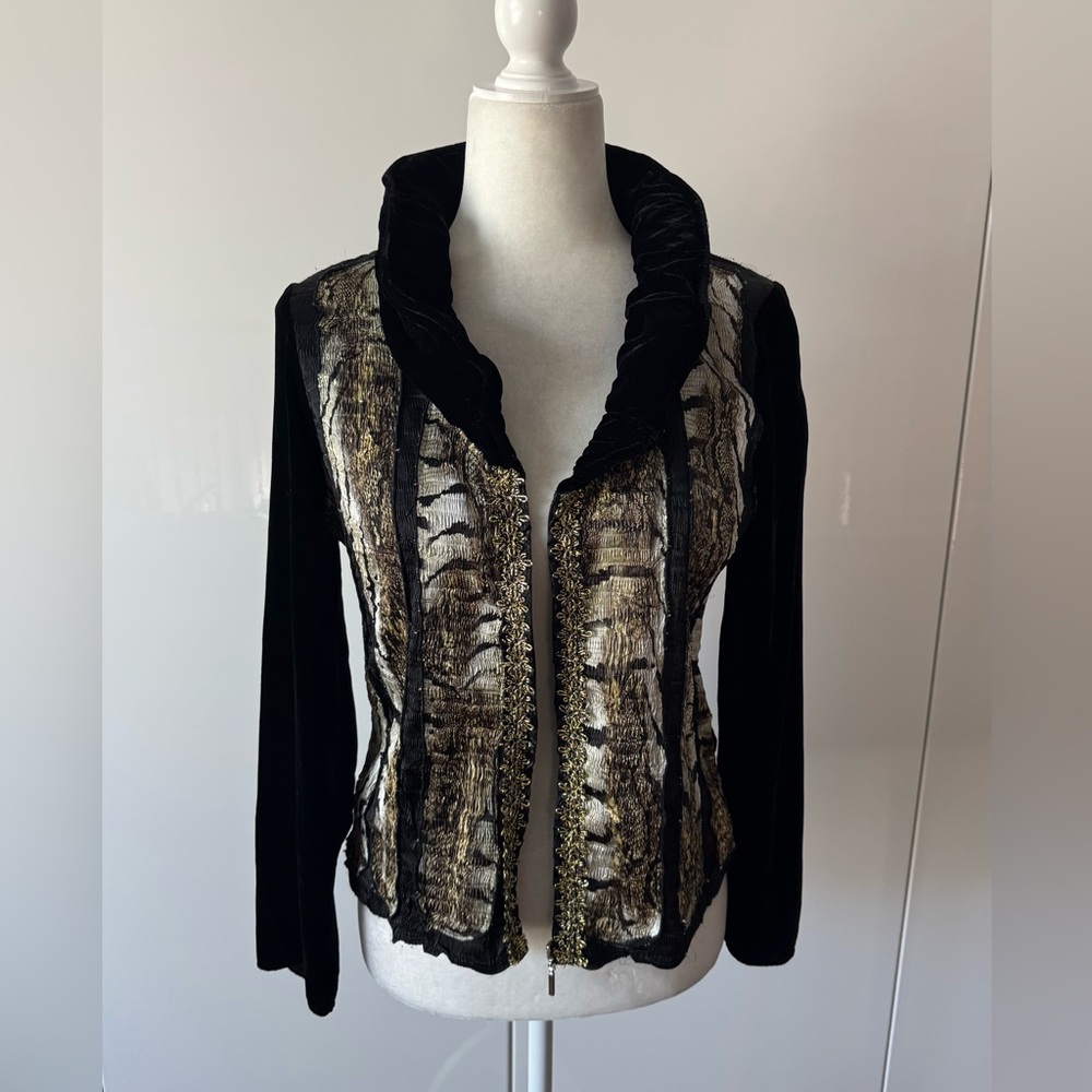 Vintage Alberto Makali Black and Gold Blazer Crashed Velvet Boho Sz M